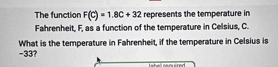 The function F(C)=1.8C+32 represents the temperature in 
Fahrenheit, F, as a function of the temperature in Celsius, C. 
What is the temperature in Fahrenheit, if the temperature in Celsius is
-33?