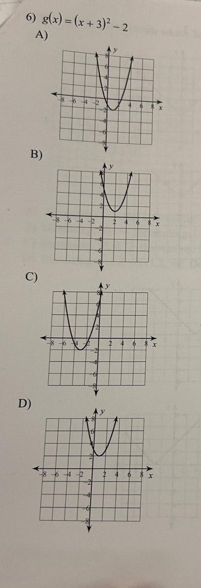 g(x)=(x+3)^2-2
A) 
B) 
C) 
D)