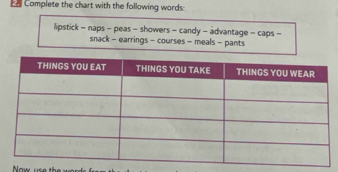 Complete the chart with the following words: 
lipstick - naps - peas - showers - candy - advantage - caps - 
snack - earrings - courses - meals - pants 
Now u s th