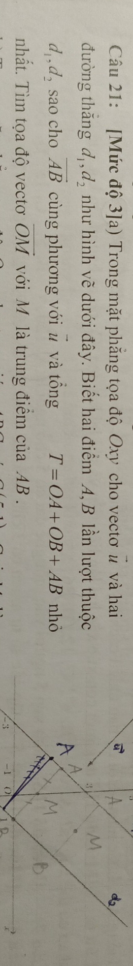 [Mức độ 3]a) Trong mặt phẳng tọa độ Oxy cho vectơ ủ và hai
đường thǎng d_1,d_2 như hình vẽ dưới đây. Biết hai điểm A,B lần lượt thuộc
d_1,d_2 sao cho vector AB cùng phương với # và tổng T=OA+OB+AB nhỏ
nhất. Tìm tọa độ vectơ vector OM với M là trung điểm của AB .