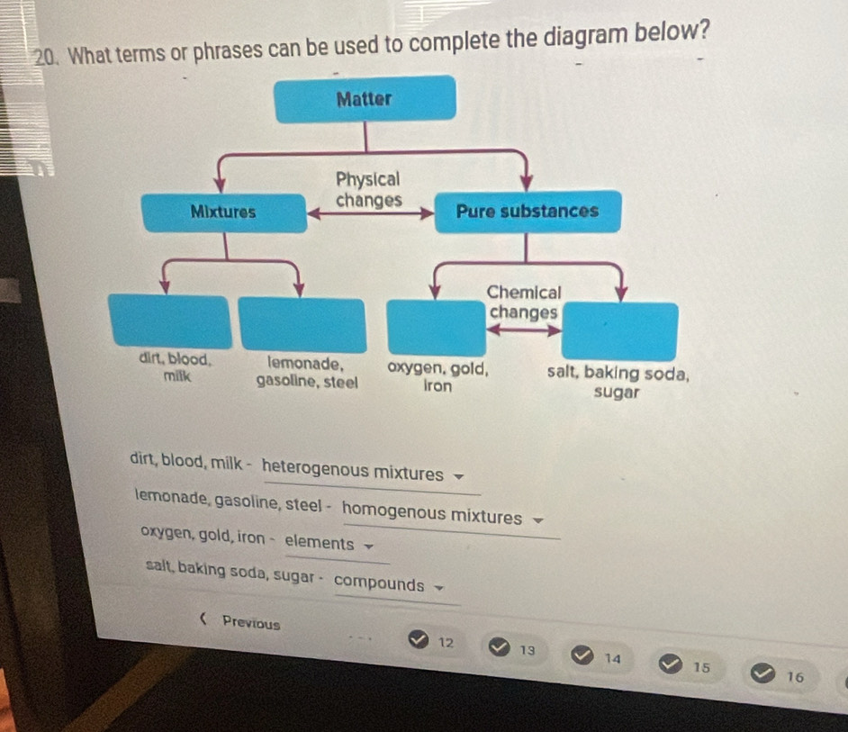 What terms or phrases can be used to complete the diagram below?
dirt, blood, milk - heterogenous mixtures
lemonade, gasoline, steel - homogenous mixtures
oxygen, gold, iron ~ elements ~
salt, baking soda, sugar - compounds
Previous
12
13 14 15 16