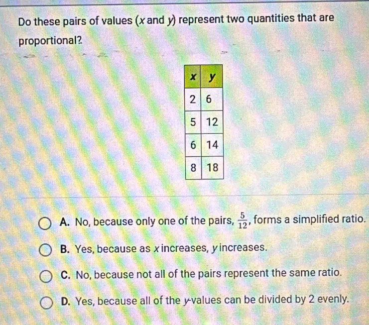 Do these pairs of values (x and y) represent two quantities that are
proportional?
A. No, because only one of the pairs,  5/12  , forms a simplified ratio.
B. Yes, because as xincreases, y increases.
C. No, because not all of the pairs represent the same ratio.
D. Yes, because all of the y -values can be divided by 2 evenly.