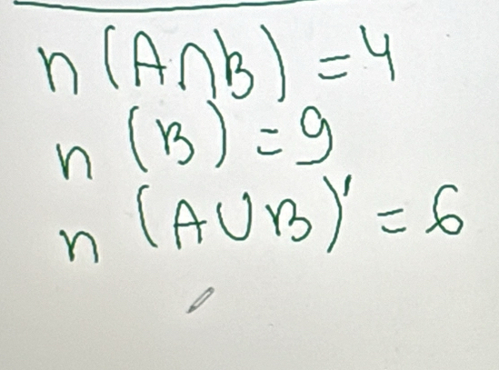 n(A∩ B)=4
n (B)=9
n(A∪ B)'=6