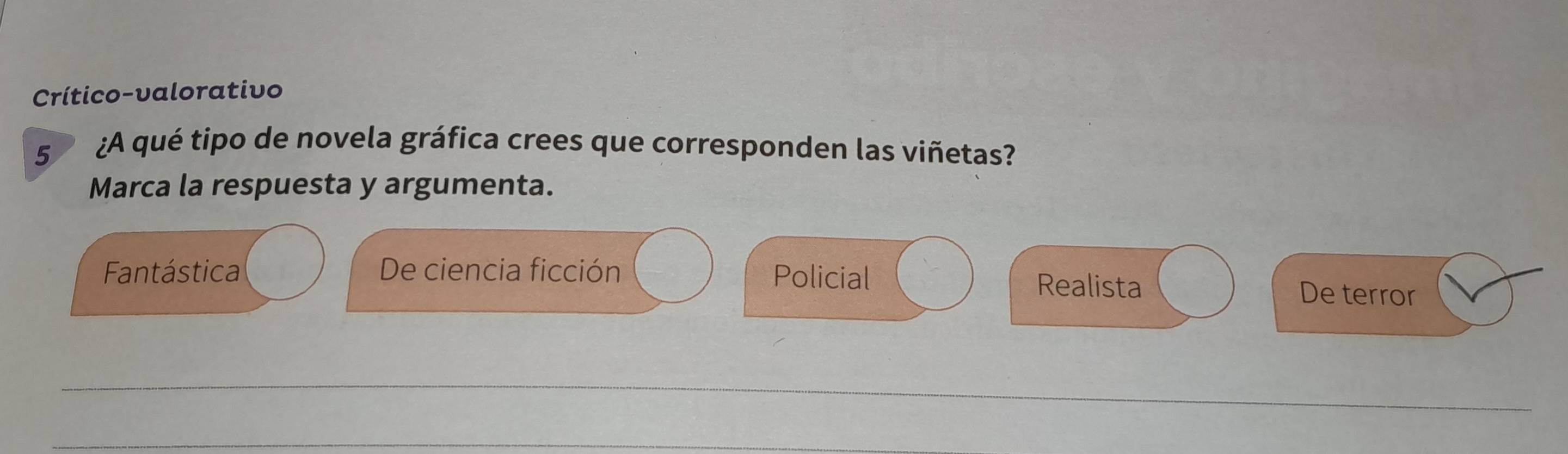 Crítico-valorativo
5 ¿A qué tipo de novela gráfica crees que corresponden las viñetas?
Marca la respuesta y argumenta.
Fantástica De ciencia ficción Policial Realista
De terror
_
_
_