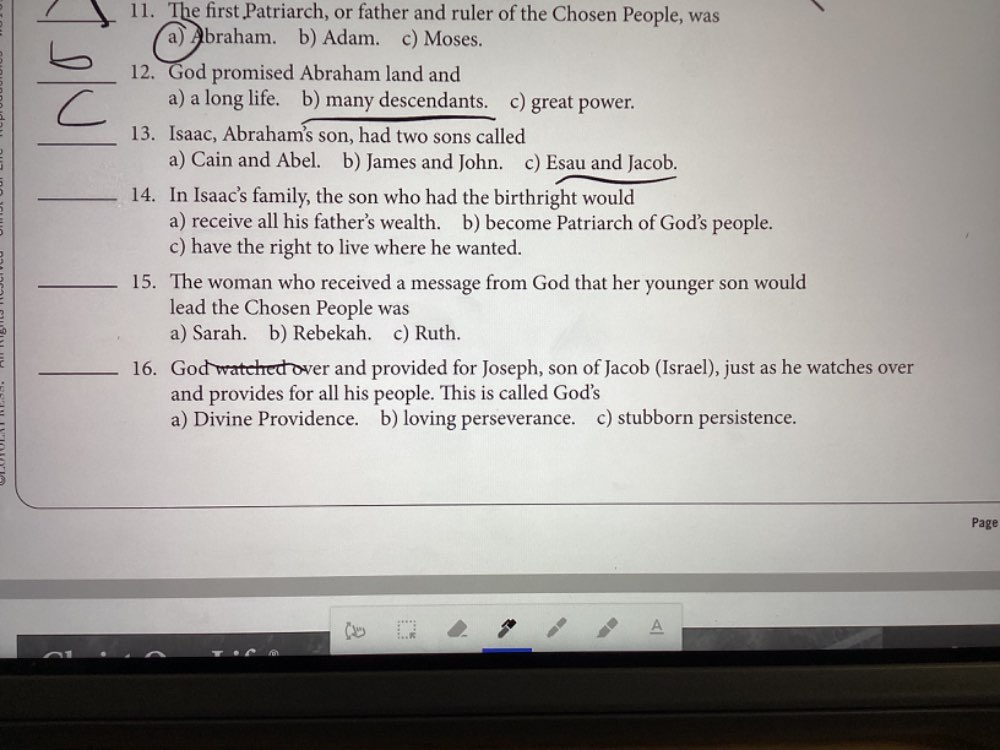 The first Patriarch, or father and ruler of the Chosen People, was
a) Abraham. b) Adam. c) Moses.
_12. God promised Abraham land and
a) a long life. b) many descendants. c) great power.
_13. Isaac, Abrahams son, had two sons called
a) Cain and Abel. b) James and John. c) Esau and Jacob.
_14. In Isaac’s family, the son who had the birthright would
a) receive all his father’s wealth. b) become Patriarch of God’s people.
c) have the right to live where he wanted.
_15. The woman who received a message from God that her younger son would
lead the Chosen People was
a) Sarah. b) Rebekah. c) Ruth.
_16. God watched over and provided for Joseph, son of Jacob (Israel), just as he watches over
and provides for all his people. This is called God's
a) Divine Providence. b) loving perseverance. c) stubborn persistence.
Page