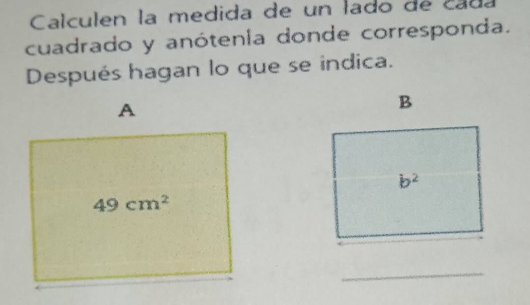 Calculen la medida de un lado de cada 
cuadrado y anótenla donde corresponda. 
Después hagan lo que se indica. 
A 
B
b^2
49cm^2
_