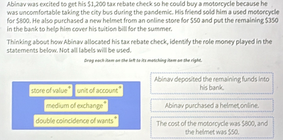 Abinav was excited to get his $1,200 tax rebate check so he could buy a motorcycle because he 
was uncomfortable taking the city bus during the pandemic. His friend sold him a used motorcycle 
for $800. He also purchased a new helmet from an online store for $50 and put the remaining $350
in the bank to help him cover his tuition bill for the summer. 
Thinking about how Abinav allocated his tax rebate check, identify the role money played in the 
statements below. Not all labels will be used. 
Drag each item on the left to its matching item on the right. 
Abinav deposited the remaining funds into 
store of value* unit of account* his bank. 
medium of exchange * Abinav purchased a helmet online. 
double coincidence of wants * 
The cost of the motorcycle was $800, and 
the helmet was $50.