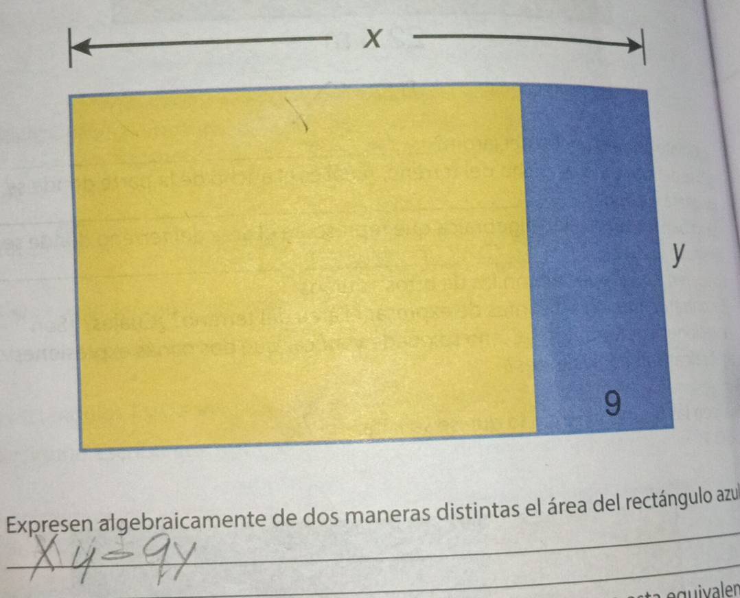 Expresen algebraicamente de dos maneras distintas el área del rectángulo azu 
_