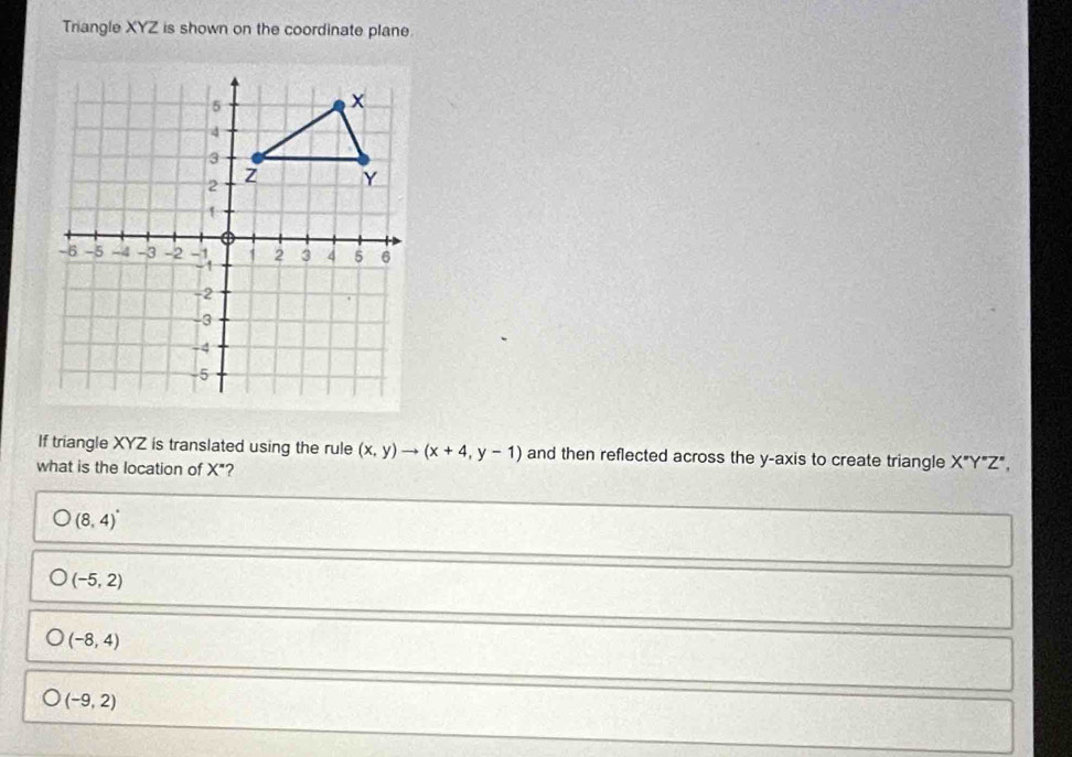 Triangle XYZ is shown on the coordinate plane.
If triangle XYZ is translated using the rule (x,y)to (x+4,y-1) and then reflected across the y-axis to create triangle X°Y°Z°, 
what is the location of X"?
(8,4)^circ 
(-5,2)
(-8,4)
(-9,2)