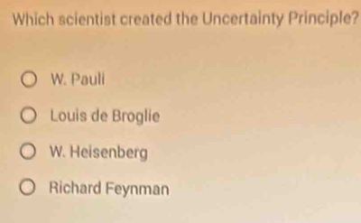 Which scientist created the Uncertainty Principle?
W. Pauli
Louis de Broglie
W. Heisenberg
Richard Feynman