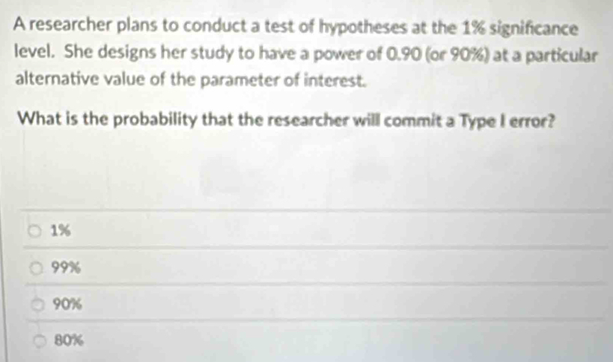 A researcher plans to conduct a test of hypotheses at the 1% significance
level. She designs her study to have a power of 0.90 (or 90%) at a particular
alternative value of the parameter of interest.
What is the probability that the researcher will commit a Type I error?
1%
99%
90%
80%