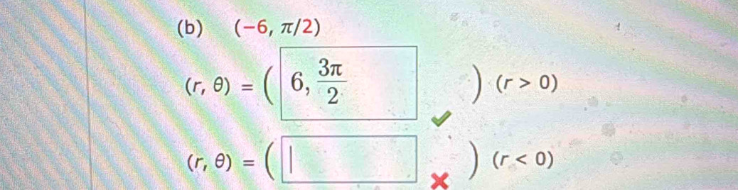 (-6,π /2)
(r,θ )=(6, 3π /2 
) | (r>0)
(r,θ )=(□ (r<0)