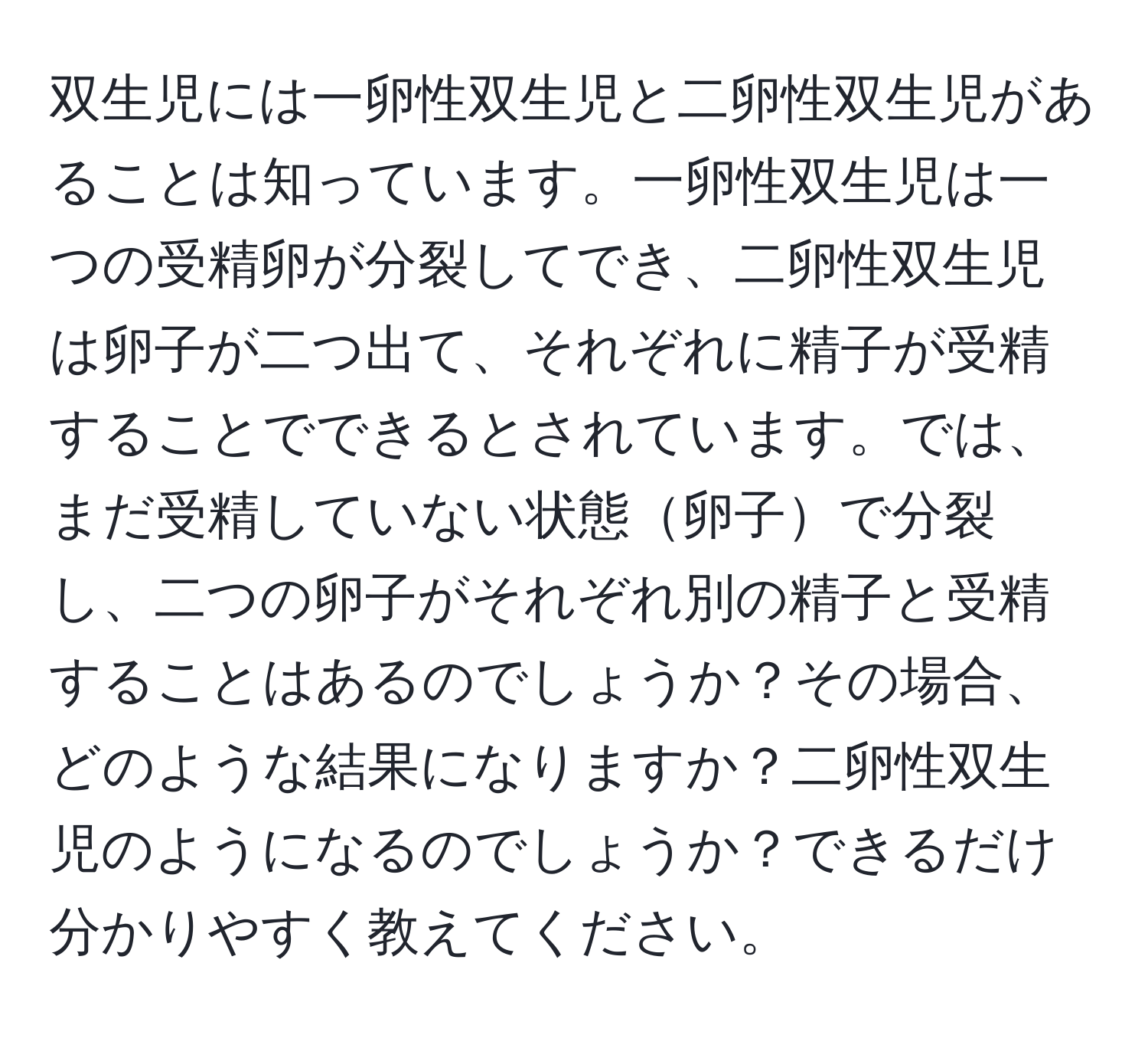 双生児には一卵性双生児と二卵性双生児があることは知っています。一卵性双生児は一つの受精卵が分裂してでき、二卵性双生児は卵子が二つ出て、それぞれに精子が受精することでできるとされています。では、まだ受精していない状態卵子で分裂し、二つの卵子がそれぞれ別の精子と受精することはあるのでしょうか？その場合、どのような結果になりますか？二卵性双生児のようになるのでしょうか？できるだけ分かりやすく教えてください。