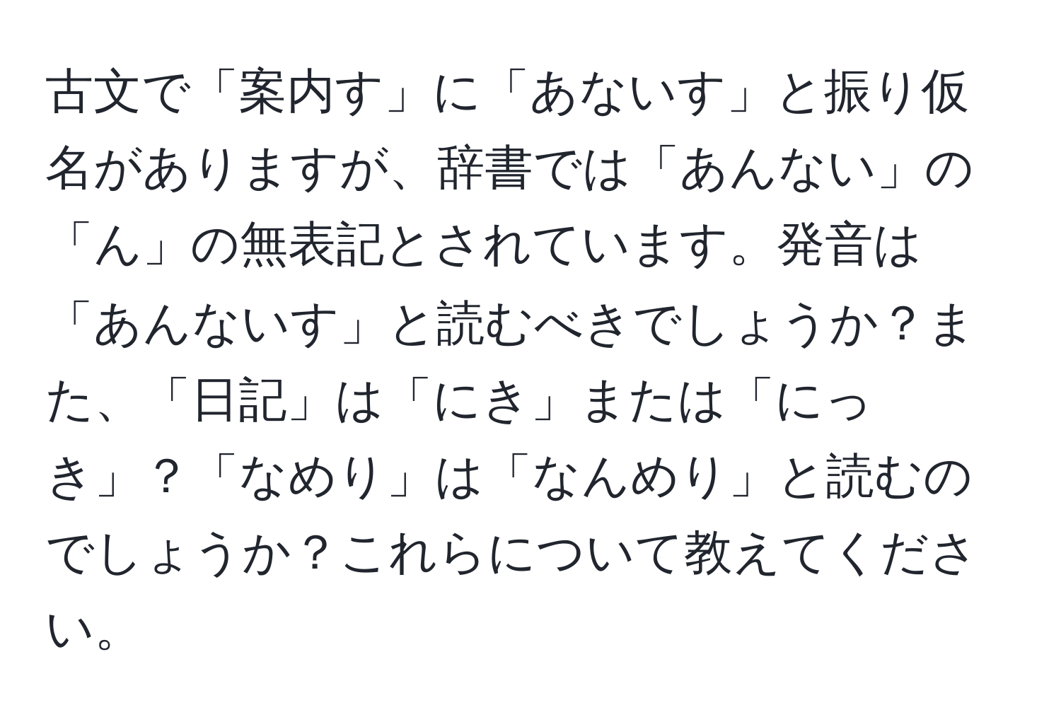 古文で「案内す」に「あないす」と振り仮名がありますが、辞書では「あんない」の「ん」の無表記とされています。発音は「あんないす」と読むべきでしょうか？また、「日記」は「にき」または「にっき」？「なめり」は「なんめり」と読むのでしょうか？これらについて教えてください。