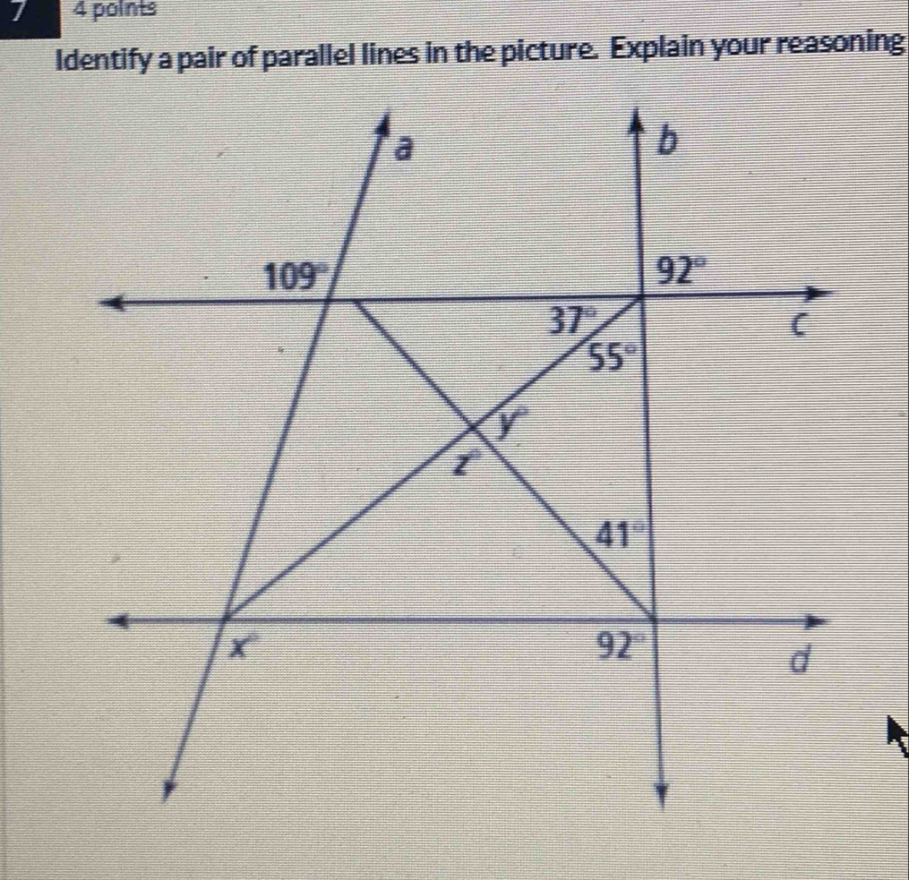 Identify a pair of parallel lines in the picture. Explain your reasoning