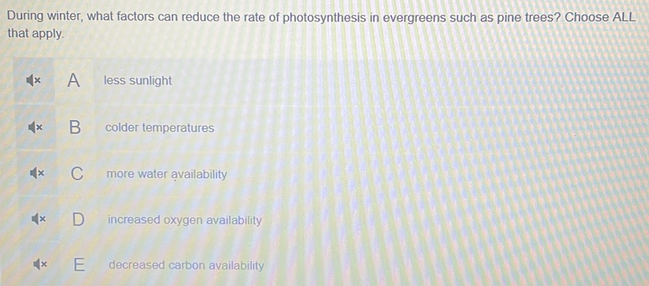 During winter, what factors can reduce the rate of photosynthesis in evergreens such as pine trees? Choose ALL
that apply.
A less sunlight
colder temperatures
more water availability
increased oxygen availability
decreased carbon availability