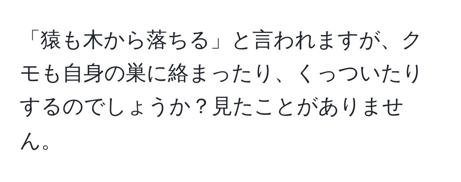 「猿も木から落ちる」と言われますが、クモも自身の巣に絡まったり、くっついたりするのでしょうか？見たことがありません。