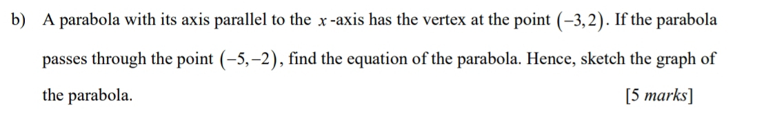 A parabola with its axis parallel to the x -axis has the vertex at the point (-3,2). If the parabola 
passes through the point (-5,-2) , find the equation of the parabola. Hence, sketch the graph of 
the parabola. [5 marks]