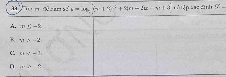 Tìm m để hàm số y=log _2[(m+2)x^2+2(m+2)x+m+3] có tập xác định varnothing =