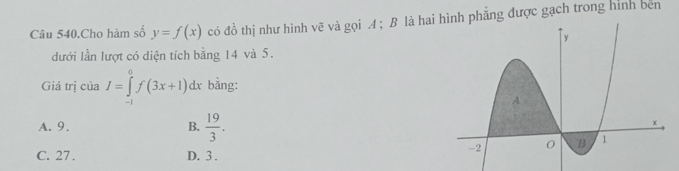 Câu 540.Cho hàm số y=f(x) có đồ thị như hình vẽ và gọi A; B là hai phẳng được gạch trong hình ben
dưới lần lượt có diện tích bằng 14 và 5.
Giá trị của I=∈tlimits _(-1)^0f(3x+1)dx bằng:
A. 9. B.  19/3 .
C. 27. D. 3.