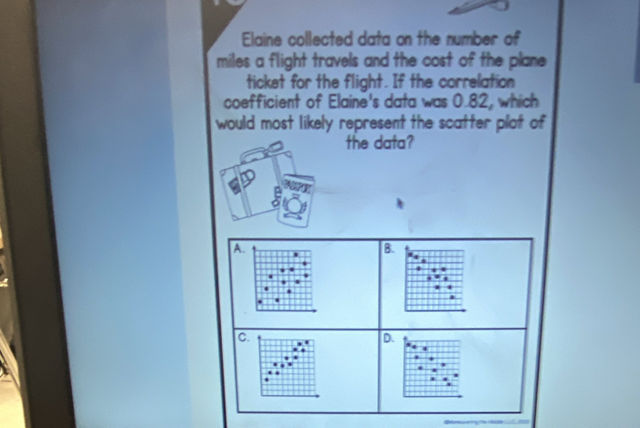 Elaine collected data on the number of
miles a flight travels and the cost of the plane 
ticket for the flight. If the correlation
coefficient of Elaine's data was 0.82, which
would most likely represent the scatter plat of
the data?
A
B.
C.
D.