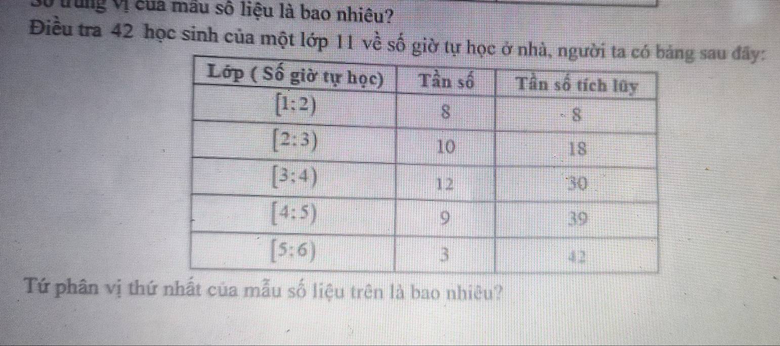 trung Vị của mâu sô liệu là bao nhiêu?
Điều tra 42 học sinh của một lớp 11 voverline overline overline C số giờ tự học ở  sau đây:
Tứ phân vị thứ nhất của mẫu số liệu trên là bao nhiều?