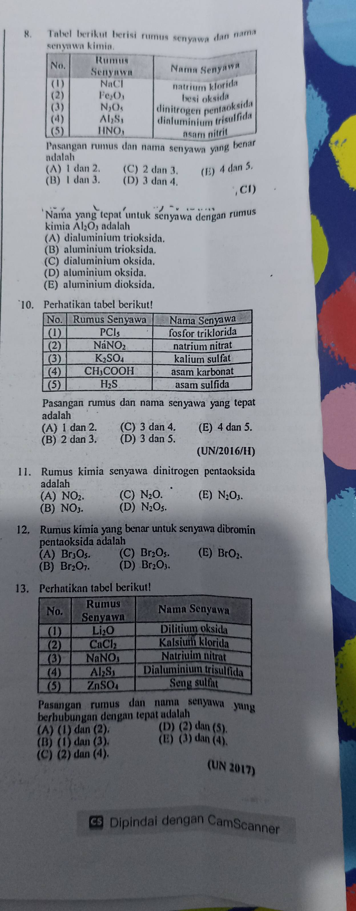 Tabel berikut berisi rumus senyawa dan nama
Pasangan rumus dan nama senyawa yang bena
adalah
(A) 1 dan 2. (C) 2 dan 3. (E) 4 dan 5.
(B) 1 dan 3. (D) 3 dan 4.
, Cl)
Nama yang tepat untuk senyawa dengan rumus
kimia Al₂O₃ adalah
(A) dialuminium trioksida.
(B) aluminium trioksida.
(C) dialuminium oksida.
(D) aluminium oksida.
(E) aluminium dioksida.
10. Perhatikan tabel berikut!
Pasangan rumus dan nama senyawa yang tepat
adalah
(A) 1 dan 2. (C) 3 dan 4. (E) 4 dan 5.
(B) 2 dan 3. (D) 3 dan 5.
(UN/2016/H)
11. Rumus kimia senyawa dinitrogen pentaoksida
adalah
(A) NO₂. (C) N₂O. (E) N₂O₃.
(B) NO₃. (D) N₂O₅.
12. Rumus kimia yang benar untuk senyawa dibromin
pentaoksida adalah
(A) Br_3O_5. (C) Br_2O_5. (E) BrO_2.
(B) Br_2O_7. (D) Br_2O_3.
13. Perhatikan tabel berikut!
Pasangan rumus dan nama senyawa yang
berhubungan dengan tepat adalah
(A) (1) dan (2).
(D) (2) dan (5).
(B) (1) dan (3) (E) (3) dan (4).
(C) (2) dan (4).
(UN 2017)
Œ Dipindai dengan CamScanner