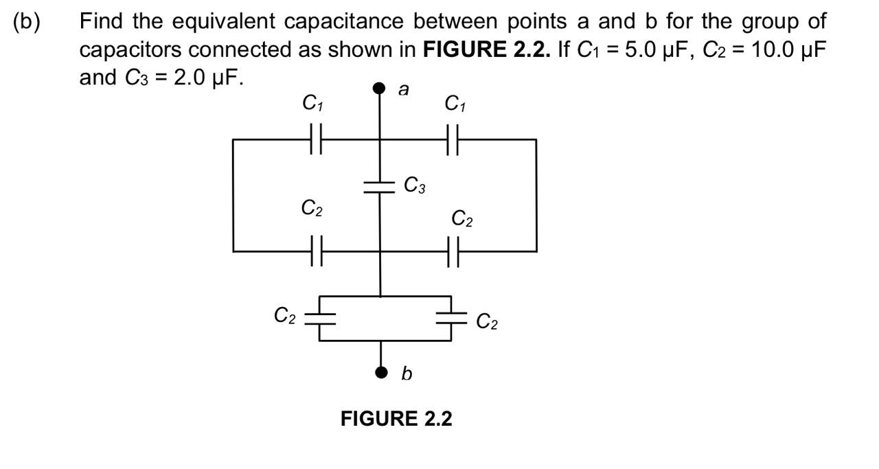 Find the equivalent capacitance between points a and b for the group of
capacitors connected as shown in FIGURE 2.2. If C_1=5.0mu F,C_2=10.0 μF
and C_3=2.0mu F.
FIGURE 2.2