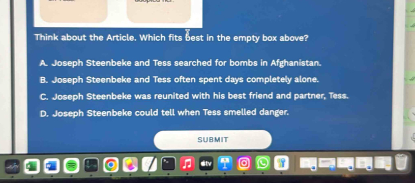 Think about the Article. Which fits best in the empty box above?
A. Joseph Steenbeke and Tess searched for bombs in Afghanistan.
B. Joseph Steenbeke and Tess often spent days completely alone.
C. Joseph Steenbeke was reunited with his best friend and partner, Tess.
D. Joseph Steenbeke could tell when Tess smelled danger.
SUBMIT