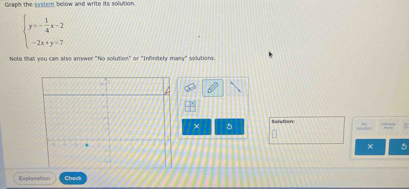 Graph the system below and write its solution.
beginarrayl y=- 1/4 x-2 -2x+y=7endarray.
Note that you can also answer "No solution" or "Infinitely many" solutions.
frac 3x
No 
× 5 Solution: Intmbery mary 
solution 
× 
Explanation Check