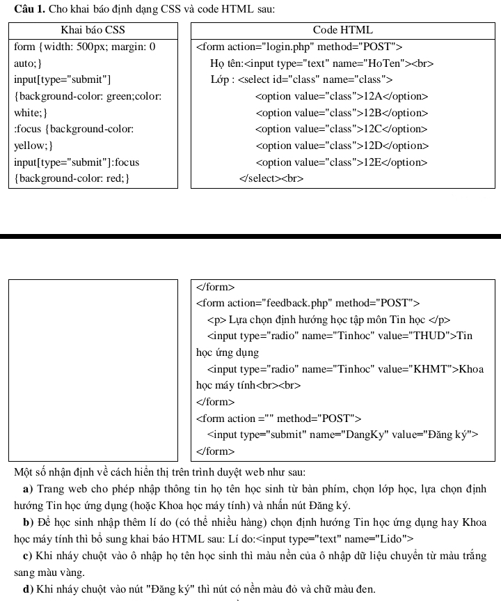 Cho khai báo định dạng CSS và code HTML sau:
Khai báo CSS Code HTML
form width: 500px; margin: 0
auto;  Họ tên:
input[type="submit"] Lớp :
background-color: green;color: 12A
white;  12B
:focus background-color: 12C
yellow; 12D
input[type="submit"]:focus 12E
 background-color: red; 

Lựa chọn định hướng học tập môn Tin học
Tin
học ứng dụng
Khoa
học máy tính

Một số nhận định về cách hiển thị trên trình duyệt web như sau:
a) Trang web cho phép nhập thông tin họ tên học sinh từ bàn phím, chọn lớp học, lựa chọn định
hướng Tin học ứng dụng (hoặc Khoa học máy tính) và nhấn nút Đăng ký.
b) Để học sinh nhập thêm lí do (có thể nhiều hàng) chọn định hướng Tin học ứng dụng hay Khoa
học máy tính thì bổ sung khai báo HTML sau: Lí do:
c) Khi nháy chuột vào ô nhập họ tên học sinh thì màu nền của ô nhập dữ liệu chuyền từ màu trắng
sang màu vàng.
d) Khi nháy chuột vào nút "Đăng ký" thì nút có nền màu đỏ và chữ màu đen.