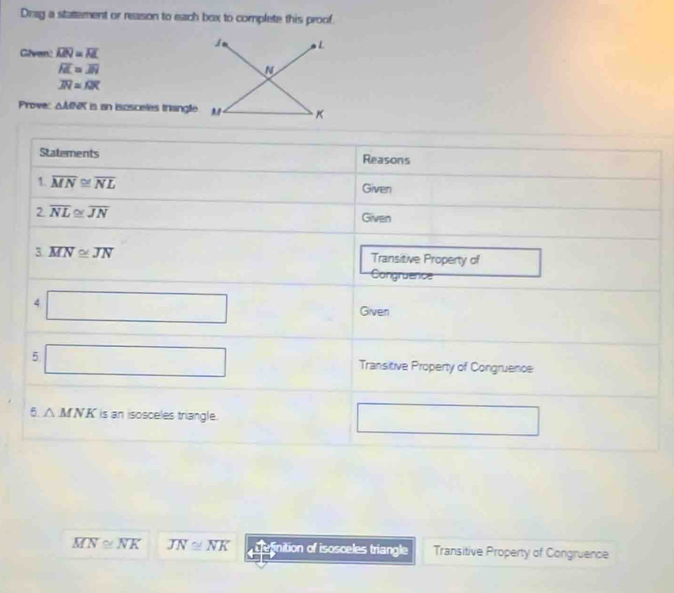 Drag a stattement or reason to each box to complete this proof.
Given: overline MN=overline AL
overline RL=overline JN
overline JN=overline AK
Prove: △ AOR is an iscsceles trisingle
Statements Reasons
1. overline MN≌ overline NL Given
2. overline NL≌ overline JN Given
3 overline MN≌ overline JN Transitive Property of
Congruence
4 □ 
Given
5 □ Transitive Property of Congruence
6. △ MN K is an isosceles triangle.
□
overline MN≌ overline NK overline JN≌ overline NK einition of isosceles triangle Transitive Property of Congruence