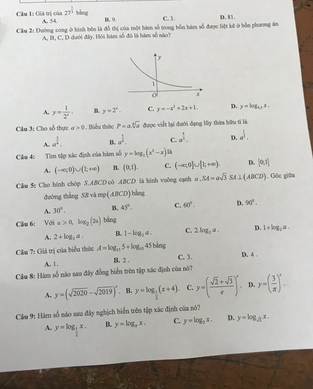 Giá trị của 27^(frac 1)3 bằng B. 9. C. 3. D. 81.
A. 54.
Câu 2: Đường cong ở hình bên là đồ thị của một hàm số trong bốn hàm số được liệt kê ở bốn phương án
A, B, C, D dưới đây. Hỏi hàm số đó là hàm số nào?
A. y= 1/2^x · B. y=2^x. C. y=-x^2+2x+1. D. y=log _0.5x.
Câu 3: Cho số thực a>0. Biểu thức P=a.sqrt[4](a) được viết lại dưới dạng lũy thừa hữu tỉ là
A. a^(frac 3)4.
B. a^(frac 5)4.
C. a^(frac 4)3.
D. a^(frac 1)3.
Câu 4: Tìm tập xác định của hàm số y=log _2(x^2-x)1 à
A. (-∈fty ;0)∪ (1;+∈fty ) B. (0;1). C. (-∈fty ;0]∪ [1;+∈fty ). D. [0;1]
Câu 5: Cho hình chóp S.ABCD có ABCD là hình vuông cạnh a,SA=asqrt(3)SA⊥ (ABCD). Góc giữa
đường thẳng SB và mp(ABCD) bằng
A. 30°. B. 45°. C. 60°. D. 90°.
Câu 6: Với a>0,log _2(2a) bằng
A. 2+log _2a. B. 1-log _2a. C. 2.log _2a. D. 1+log _2a.
Câu 7: Giá trị của biểu thức A=log _155+log _1545 bằng
A. 1. B. 2 . C. 3 . D. 4 .
Câu 8: Hàm số nào sau đây đồng biến trên tập xác định của nó?
A. y=(sqrt(2020)-sqrt(2019))^x B. y=log _ 1/2 (x+4). C. y=( (sqrt(2)+sqrt(3))/e )^x D. y=( 3/π  )^x.
Câu 9: Hàm số nào sau đây nghịch biến trên tập xác định của nó?
A. y=log _ 1/2 x. B. y=log _π x. C. y=log _3x. D. y=log _sqrt(2)x.
