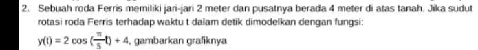 Sebuah roda Ferris memiliki jari-jari 2 meter dan pusatnya berada 4 meter di atas tanah. Jika sudut 
rotasi roda Ferris terhadap waktu t dalam detik dimodelkan dengan fungsi:
y(t)=2cos ( π /5 t)+4 , gambarkan grafiknya