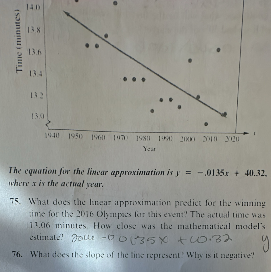 14.0
E
13.8
13.6
13.4
13 2
13.0
1
1940 1950 1960 1970 1980 1990 2000 2010 2020
Year
The equation for the linear approximation is y=-.0135x+40.32, 
where x is the actual year. 
75. What does the linear approximation predict for the winning 
time for the 2016 Olympics for this event? The actual time was
13.06 minutes. How close was the mathematical model's 
estimate? 
76. What does the slope of the line represent? Why is it negative?