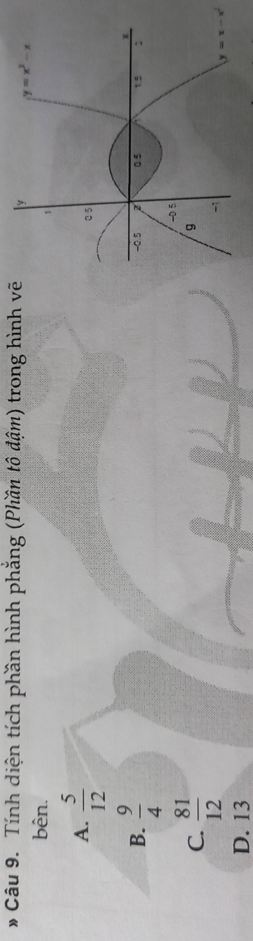 Tính diện tích phần hình phăng (Phần tô đậm) trong hình vẽ
y
y=x^3-x
bên.
1
A.  5/12 
25
B.  9/4  -0.5 0 5 1.5 :
C.  81/12 
-0 5
g
-:
y=x-x^2
D. 13