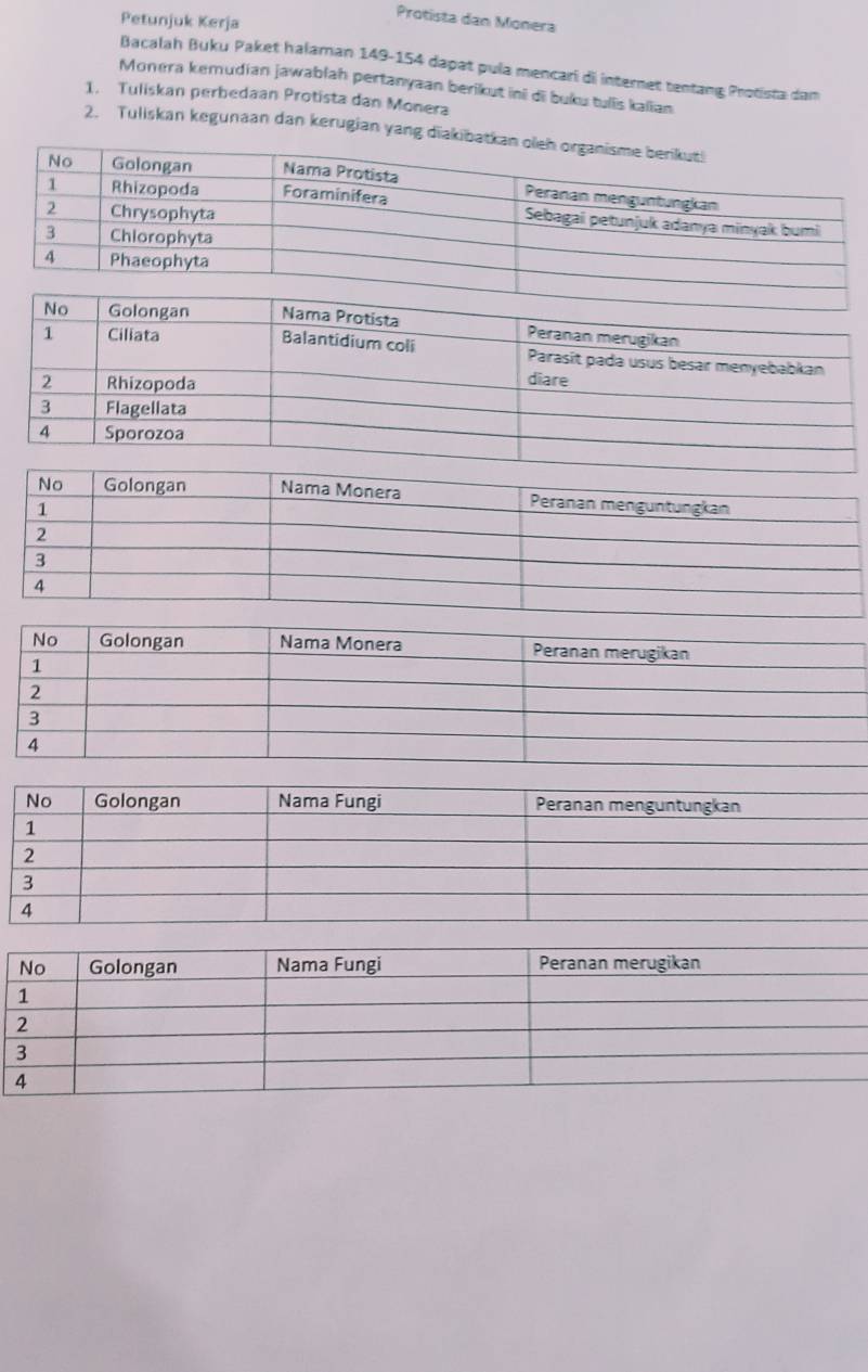 Petunjuk Kerja 
Protista dan Monera 
Bacalah Buku Paket halaman 149-154 dapat pula mencari di internet tentang Protista dam 
Monera kemudian jawablah pertanyaan berikut ini di buku tulïs kalian 
1. Tuliskan perbedaan Protista dan Monera 
2. Tuliskan kegunaan dan kerugian yang diakibat 
No Golongan Nama Monera Peranan mengüntungkan 
1 
2 
3 
4 
No Golongan Nama Monera Peranan merugikan 
1 
2 
3 
4