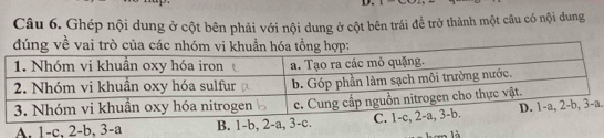 Ghép nội dung ở cột bên phải với nội dung ở cột bên trái để trở thành một câu có nội dung
A. 1-c, 2-b, 3-a B. 1 -b, 2-a, 3 -c..
1