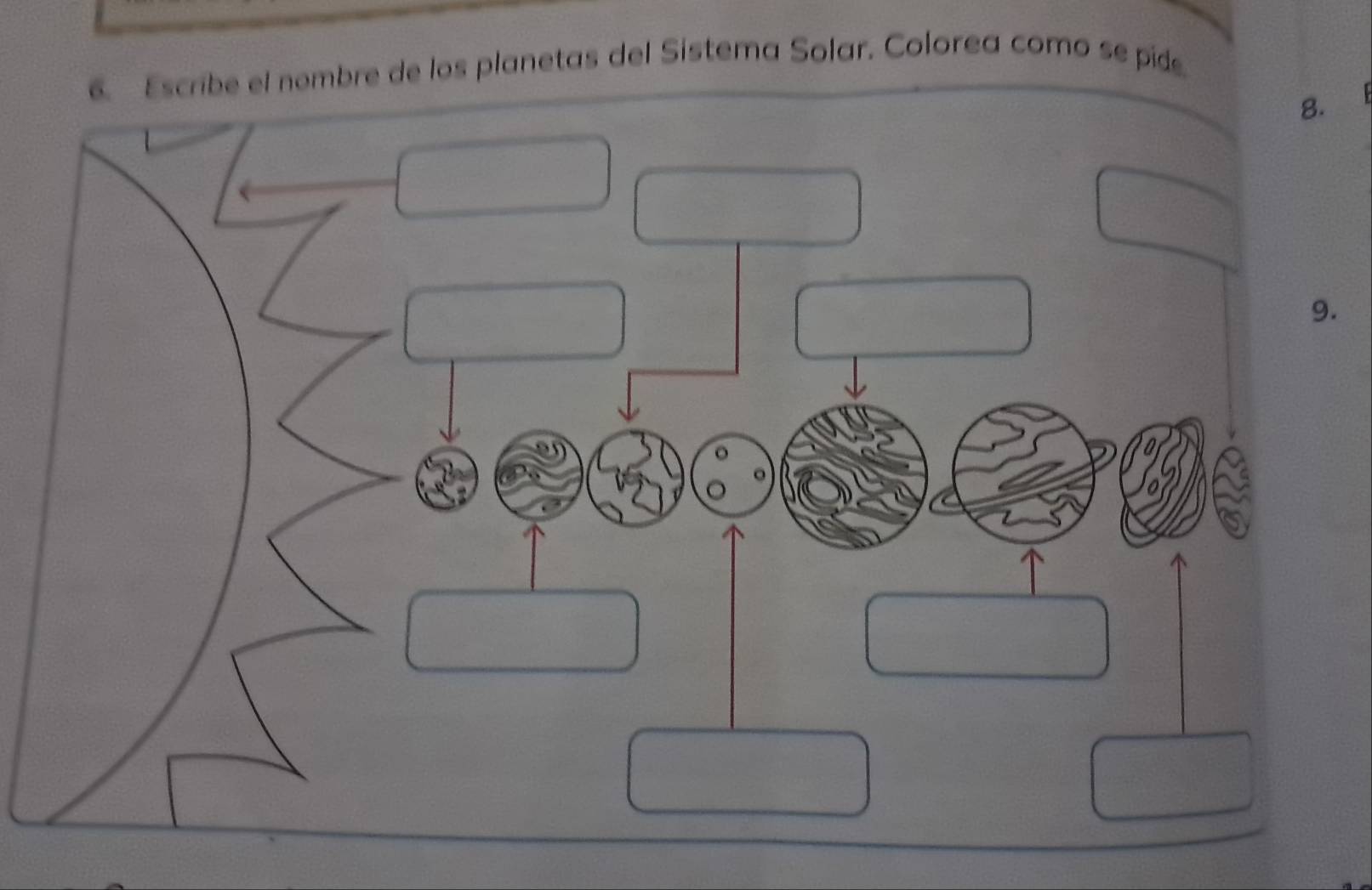 el nombre de los planetas del Sistema Solar. Colorea como se pide 
.