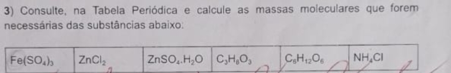 Consulte, na Tabela Periódica e calcule as massas moleculares que forem
necessárias das substâncias abaixo: