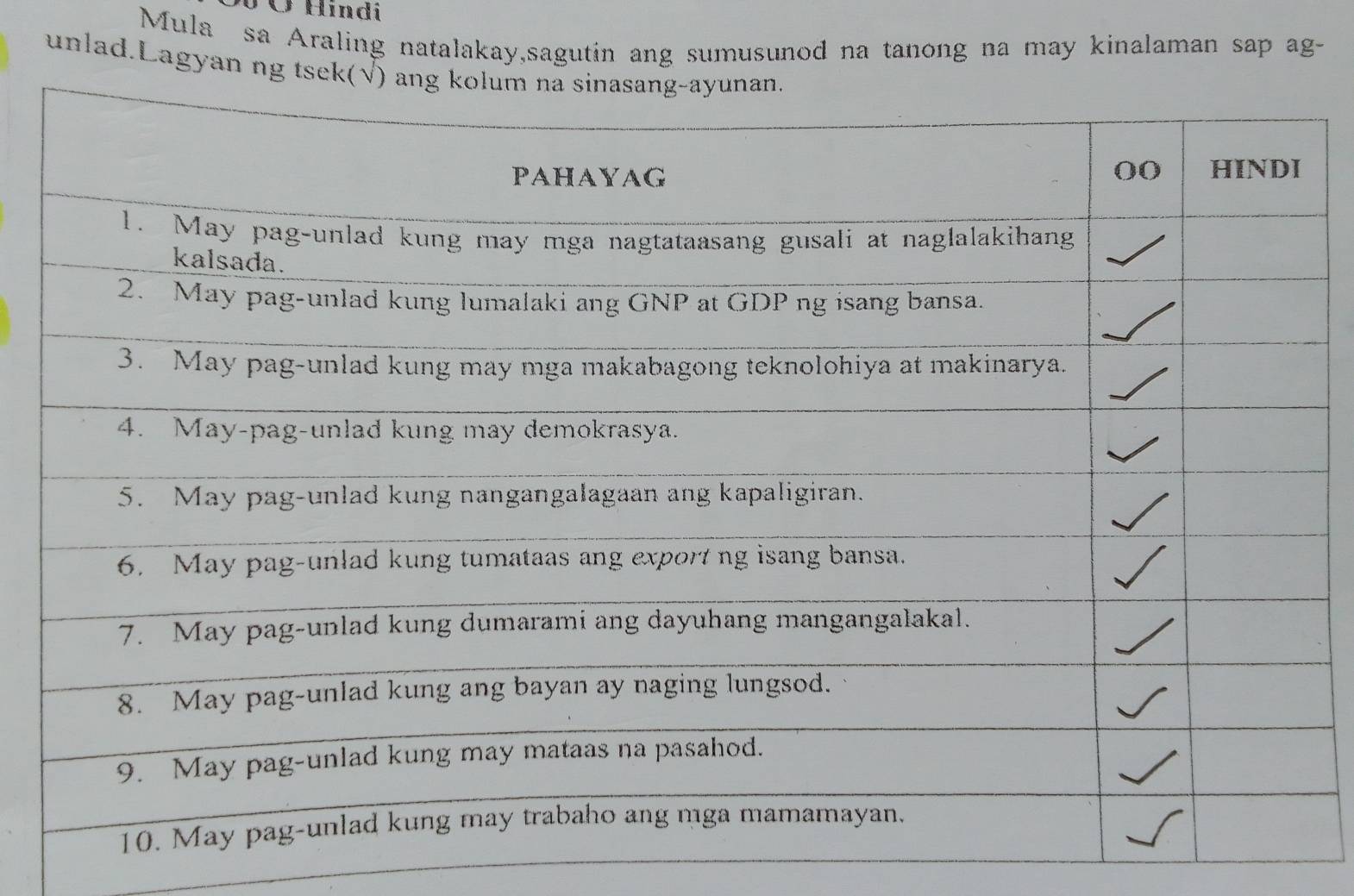 Ở Hindi 
Mula sa Araling natalakay,sagutin ang sumusunod na tanong na may kinalaman sap ag- 
unlad.Lagyan ng t