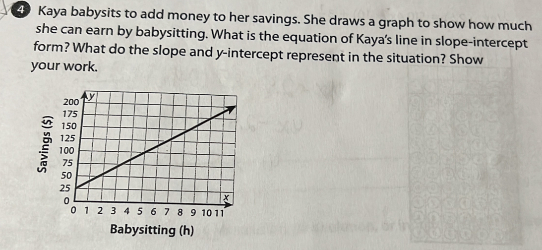 Kaya babysits to add money to her savings. She draws a graph to show how much 
she can earn by babysitting. What is the equation of Kaya's line in slope-intercept 
form? What do the slope and y-intercept represent in the situation? Show 
your work. 
Babysitting (h)