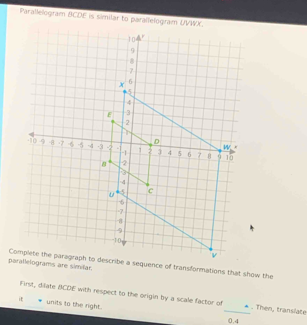 Parallelogram BCDE is similar to parallelogram UVWX. 
First, dilate BCDE with respect to the origin by a scale factor of_ * . Then, translate 
it units to the right.
0.4