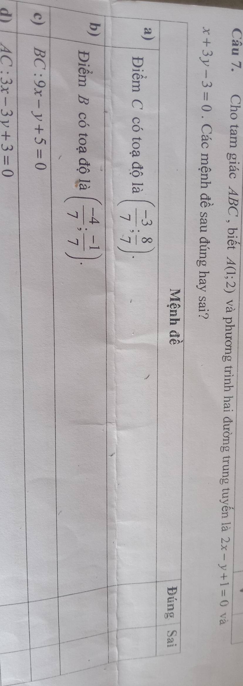 Cho tam giác ABC , biết A(1;2) và phương trình hai đường trung tuyến là 2x-y+1=0 và
x+3y-3=0. Các mệnh đề sau đúng hay sai?
d) AC:3x-3y+3=0