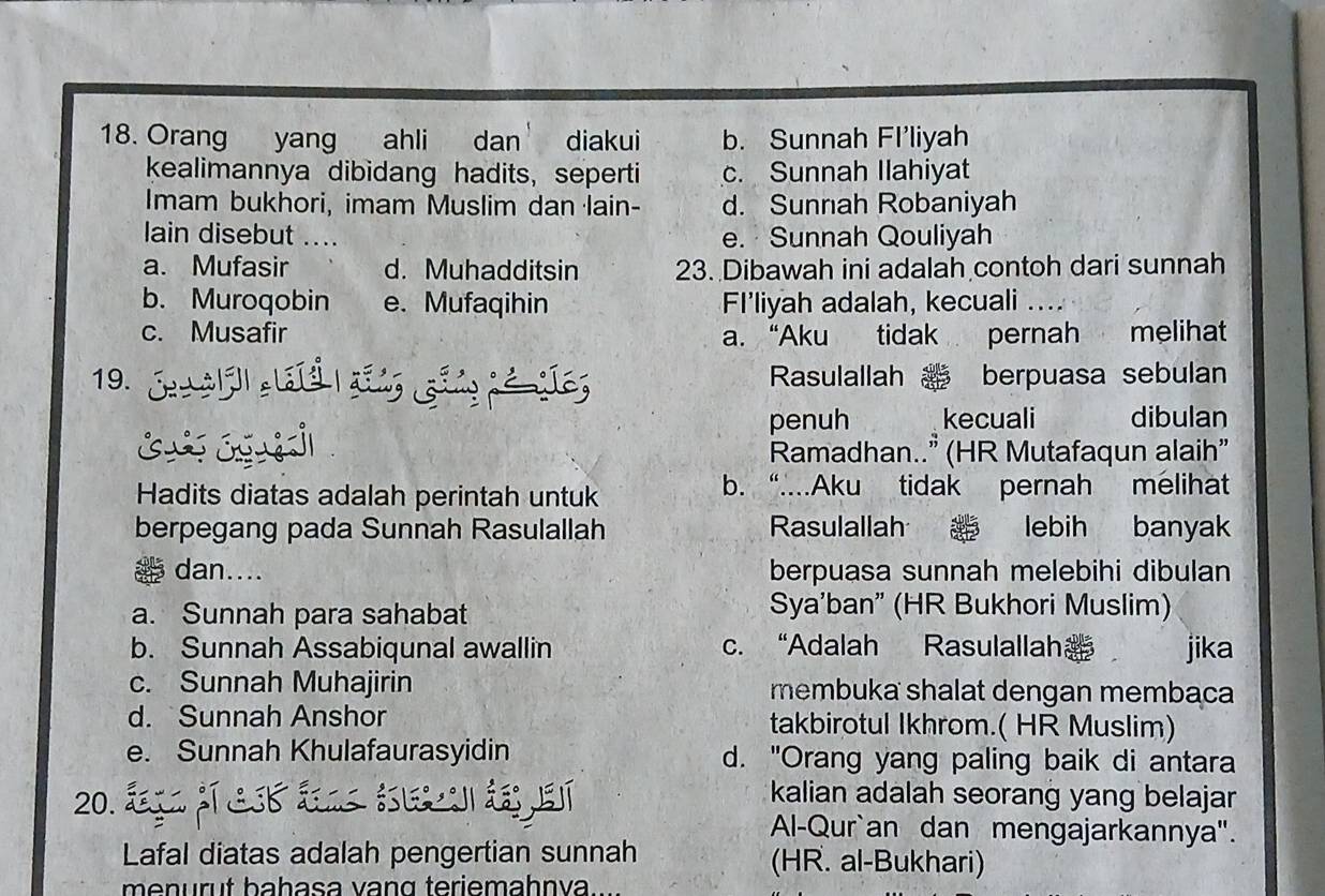 Orang yang ahli dan' diakui b. Sunnah FI’liyah
kealimannya dibidang hadits, seperti c. Sunnah Ilahiyat
Imam bukhori, imam Muslim dan lain- d. Sunnah Robaniyah
lain disebut .... e. Sunnah Qouliyah
a. Mufasir d. Muhadditsin 23. Dibawah ini adalah contoh dari sunnah
b. Muroqobin e. Mufaqihin FI'liyah adalah, kecuali ....
c. Musafir a. “Aku tidak pernah melihat
19. Rasulallah berpuasa sebulan
penuh kecuali dibulan
Ramadhan.." (HR Mutafaqun alaih”
Hadits diatas adalah perintah untuk b. “....Aku tidak pernah melihat
berpegang pada Sunnah Rasulallah Rasulallah lebih banyak
a dan.... berpuasa sunnah melebihi dibulan
a. Sunnah para sahabat Sya'ban” (HR Bukhori Muslim)
b. Sunnah Assabiqunal awallin c. “Adalah Rasulallah jika
c. Sunnah Muhajirin membuka shalat dengan membaca
d. Sunnah Anshor takbirotul Ikhrom.( HR Muslim)
e. Sunnah Khulafaurasyidin d. "Orang yang paling baik di antara
20. 
kalian adalah seorang yang belajar
Al-Qur`an dan mengajarkannya'.
Lafal diatas adalah pengertian sunnah (HR. al-Bukhari)
menurut bahasa vang teriemahnva....