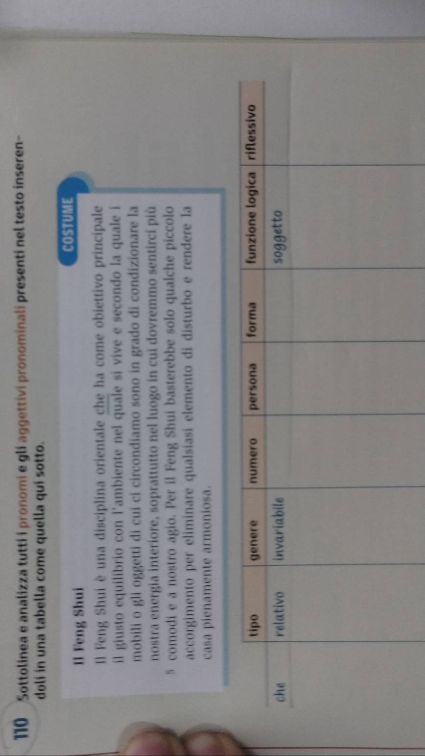 110 Sottolinea e analizza tutti i pronomi e gli aggettivi pronominali presenti nel testo inseren- 
doli in una tabella come quella qui sotto. 
COSTUME 
Il Feng Shui 
Il Feng Shui è una disciplina orientale che ha come obiettivo principale 
il giusto equilibrio con l’ambiente nel quale si vive e secondo la quale i 
mobili o gli oggetti di cui ci circondiamo sono in grado di condizionare la 
nostra energia interiore, soprattutto nel luogo in cui dovremmo sentirci più 
5 comodi e a nostro agio. Per il Feng Shui basterebbe solo qualche piccolo 
accorgimento per eliminare qualsiasi elemento di disturbo e rendere la 
casa pienamente armoniosa.