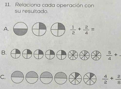 Relaciona cada operación con 
su resultado. 
A.
 1/2 + 2/4 =
B.
 5/4 +
C.
 4/2 + 2/8 