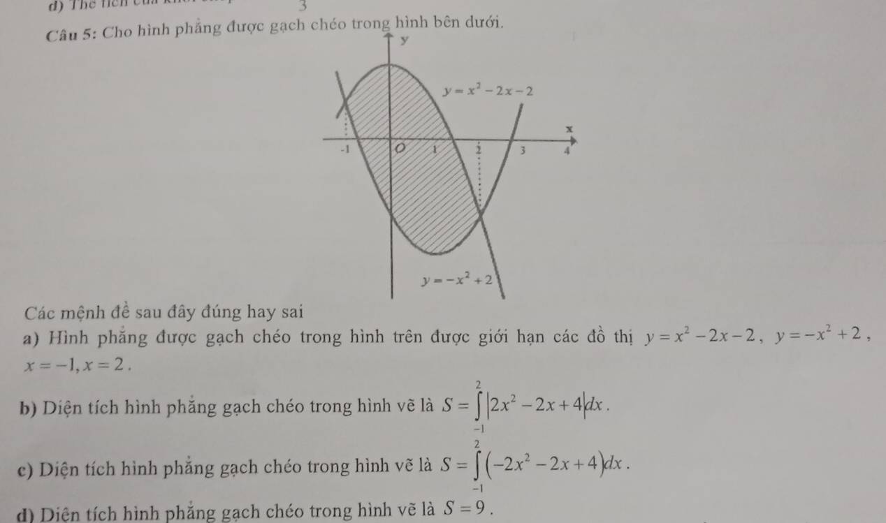 The t c n  t 
Câu 5: Cho hình phẳng được gạchtrong hình bên dưới.
Các mệnh đề sau đây đúng hay sai
a) Hình phẳng được gạch chéo trong hình trên được giới hạn các đồ thị y=x^2-2x-2,y=-x^2+2,
x=-1,x=2.
b) Diện tích hình phăng gạch chéo trong hình vẽ là S=∈tlimits _(-1)^2|2x^2-2x+4|dx.
c) Diện tích hình phẳng gạch chéo trong hình vẽ là S=∈tlimits _0^(2(-2x^2)-2x+4)dx.
d) Diện tích hình phẳng gạch chéo trong hình vẽ là S=9.