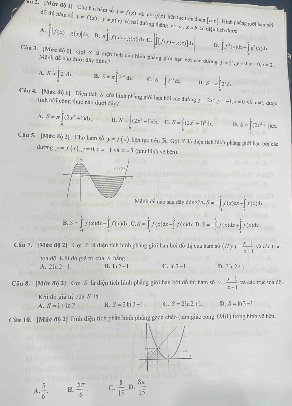 [Mức độ 1] Cho hai hàm số y=f(x) và y=g(x) liên tục trên đoạn [a;b]. Hình phẳng giới hạn bởi
đồ thị hàm số y=f(x),y=g(x) và hai đường thẳng x=a,x=b có diện tích được
A. ∈tlimits _a^(b|f(x)-g(x)|dx. B. π ∈tlimits _a^b|f(x)-g(x)| dx.C. |∈tlimits _a^b[f(x)-g(x)]dx|. ∈tlimits _a^bf^2)(x)dx-∈tlimits _a^(bg^2)(x)dx.
D.
Câu 3. [Mức độ 1] Gọi S là diện tích của hình phẳng giới hạn bởi các đường y=2^x,y=0,x=0,x=2.
Mệnh đề nào dưới đây đúng?
A. S=∈tlimits _0^(22^x)dx. B. S=π ∈tlimits _0^(22^2x)dx. C. S=∈tlimits _0^(22^2x)dx. D. S=π ∈tlimits _0^(22^x)dx.
Câu 4. [Mức độ 1] Diện tích S của hình phẳng giới hạn bởi các đường y=2x^2,y=-1,x=0 và x=1 được
tính bởi công thức nào dưới đây?
A. S=π ∈tlimits _0^(1(2x^2)+1)dx. B. S=∈tlimits _0^(1(2x^2)-1)dx. C. S=∈tlimits _0^(1(2x^2)+1)^2dx. D. S=∈tlimits _0^(1(2x^2)+1)dx.
Câu 5. [Mức độ 2] Cho hàm số y=f(x) liên tục trên R. Gọi S là diện tích hình phẳng giới hạn bởi các
đường y=f(x),y=0,x=-1 và x=5 (như hình vẽ bên).
ệnh đề nào sau đây đúng?A..S=-∈tlimits _(-1)^1f(x)dx-∈tlimits _1^(5f(x)dx.
B. S=∈tlimits _0^1f(x)dx+∈tlimits _0^5f(x) 1x.C.S=∈tlimits _(-1)^1f(x)dx-∈tlimits _1^5f(x)dx.D.S=-∈tlimits _(-1)^1f(x)dx+∈tlimits _1^5f(x)dx.
Câu 7. [Mức độ 2] Gọi S là diện tích hình phẳng giới hạn bởi đồ thị của hàm số (H):y=frac x-1)x+1 và các trục
tọa độ. Khi đó giá trị của S bằng
A. 2ln 2-1. B. ln 2+1. C. ln 2-1. D. 2ln 2+1.
Câu 8. [Mức độ 2] Gọi S là diện tích hình phẳng giới hạn bởi đồ thị hàm số y= (x-1)/x+1  và các trục tọa độ.
Khi đó giá trị của S là
A. S=1+ln 2. B. S=2ln 2-1. C. S=2ln 2+1. D. S=ln 2-1.
Câu 10. [Mức độ 2] Tính diện tích phần hình phẳng gạch chéo (tam giác cong OAB ) trong hình vẽ bên.
A.  5/6 . B.  5π /6 . C.  8/15 .D. 8π /15 