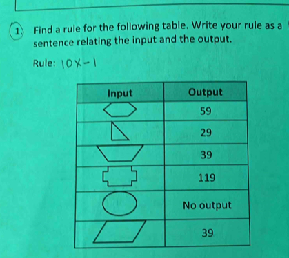 Find a rule for the following table. Write your rule as a 
sentence relating the input and the output. 
Rule: